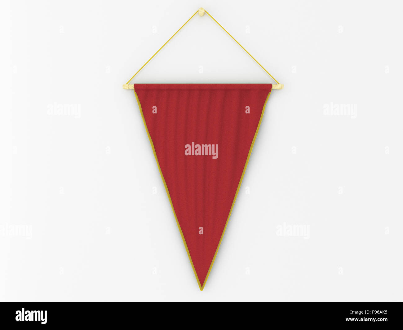 Red  pennant (pennon or pendant) hanging on a white wall. Include clipping path. 3d illustration Stock Photo