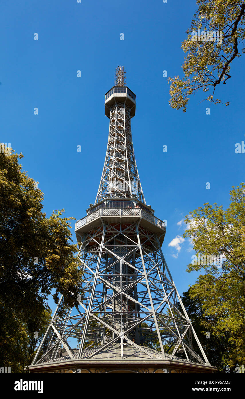 Petřín Lookout Tower The Petřín Lookout Tower is a 63.5-metre-tall steel-framework tower in Prague, which strongly resembles the Eiffel Tower. Bright Stock Photo
