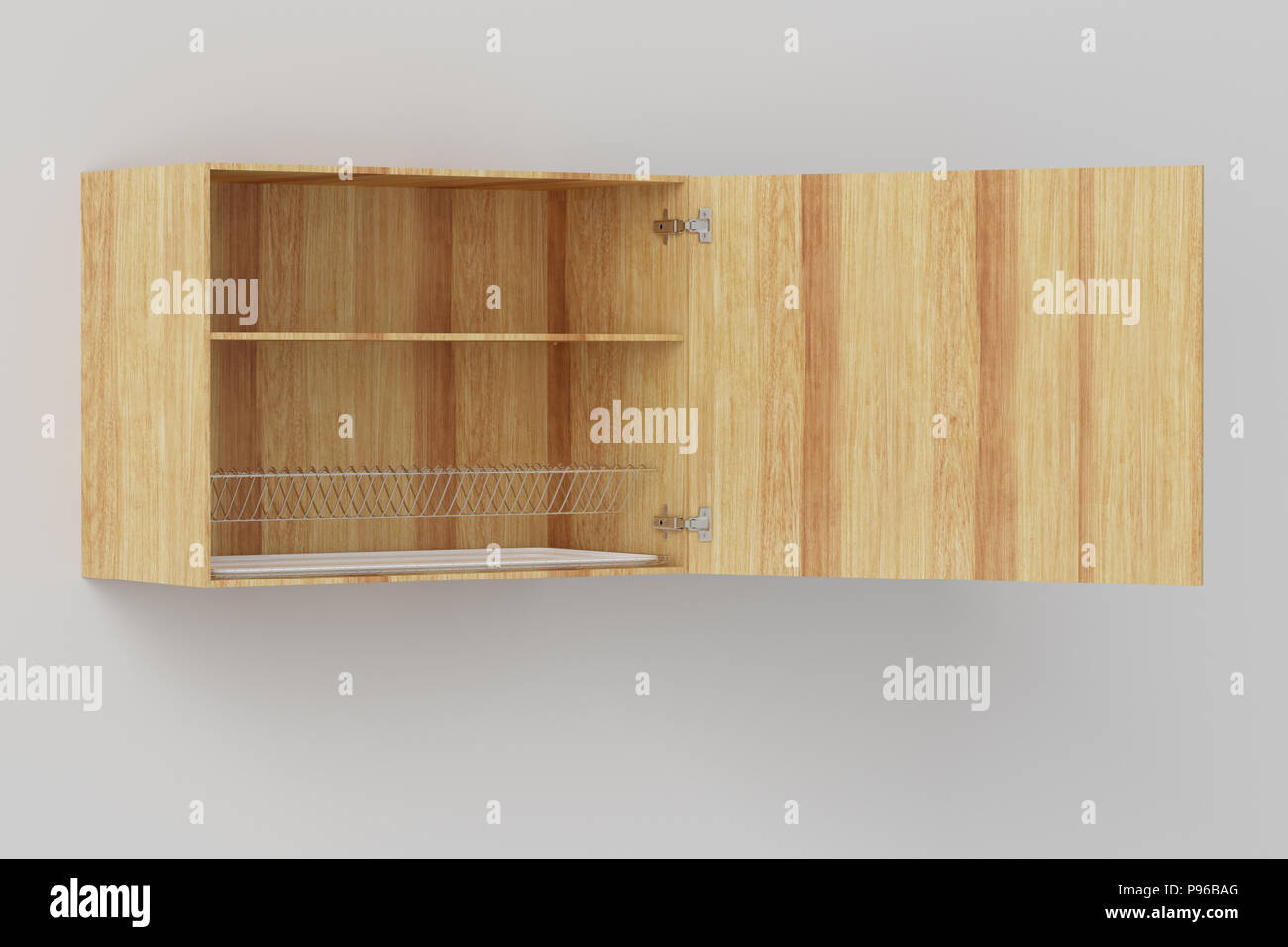 Wooden kitchen wall cabinet with dish drainer isolated on white wall. Include clipping path. 3d render Stock Photo