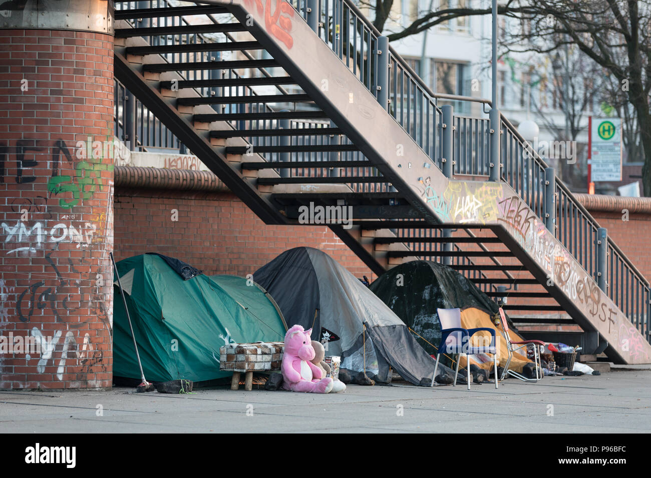 tents of homeless people in Hamburg Stock Photo