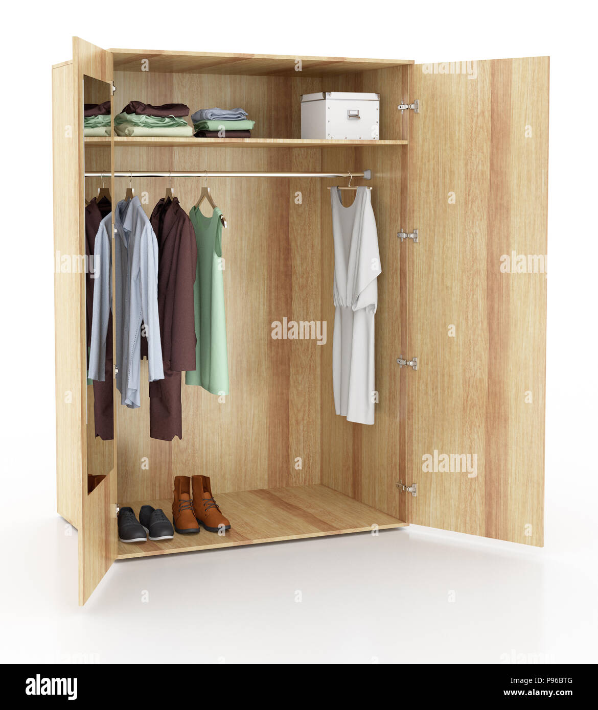 Open Wooden Wardrobe Isolated With Mirror On White