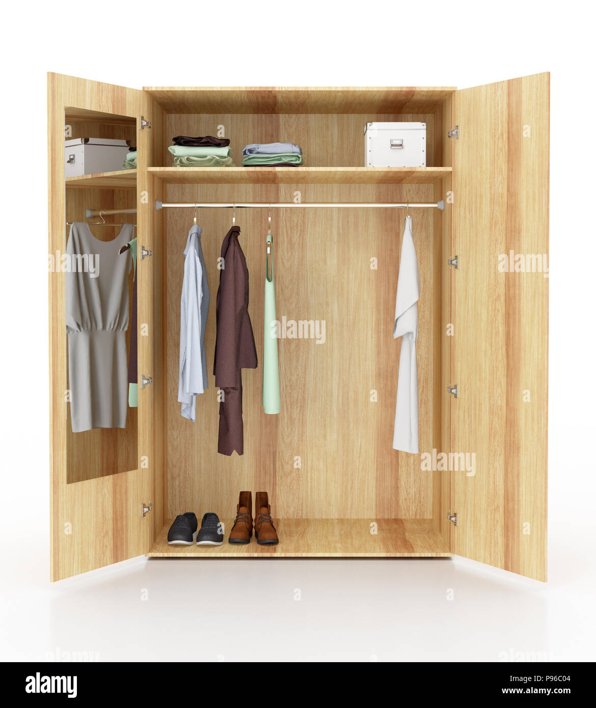 Open white wardrobe isolated with and mirror on white background. Include  clipping path. 3d render Stock Photo - Alamy