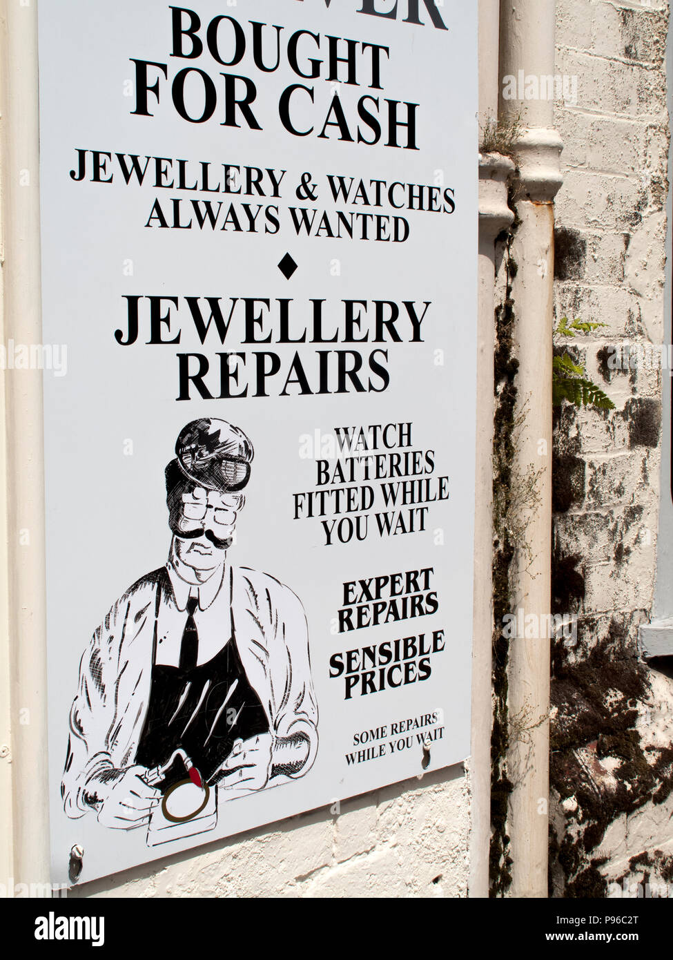 Sarum jewellers Professional Services, repairs in their own workshop advertising board Stock Photo