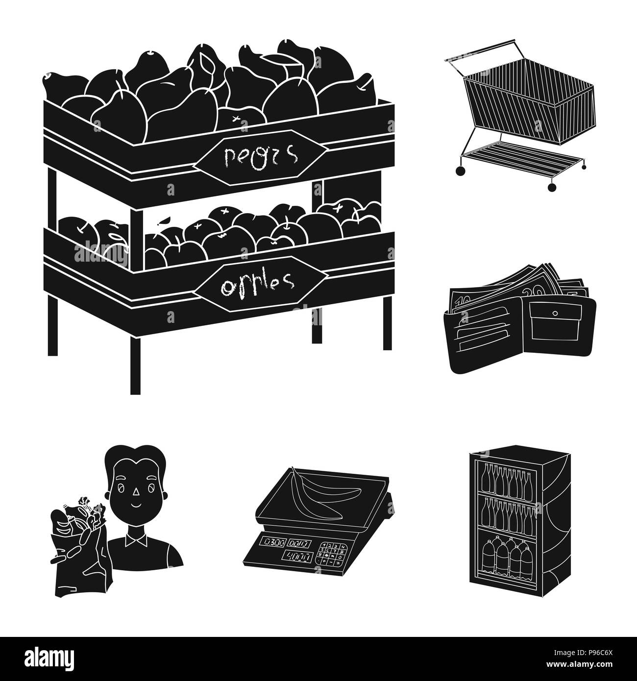 Supermarket and equipment black icons in set collection for design. Purchase of products vector symbol stock  illustration. Stock Vector