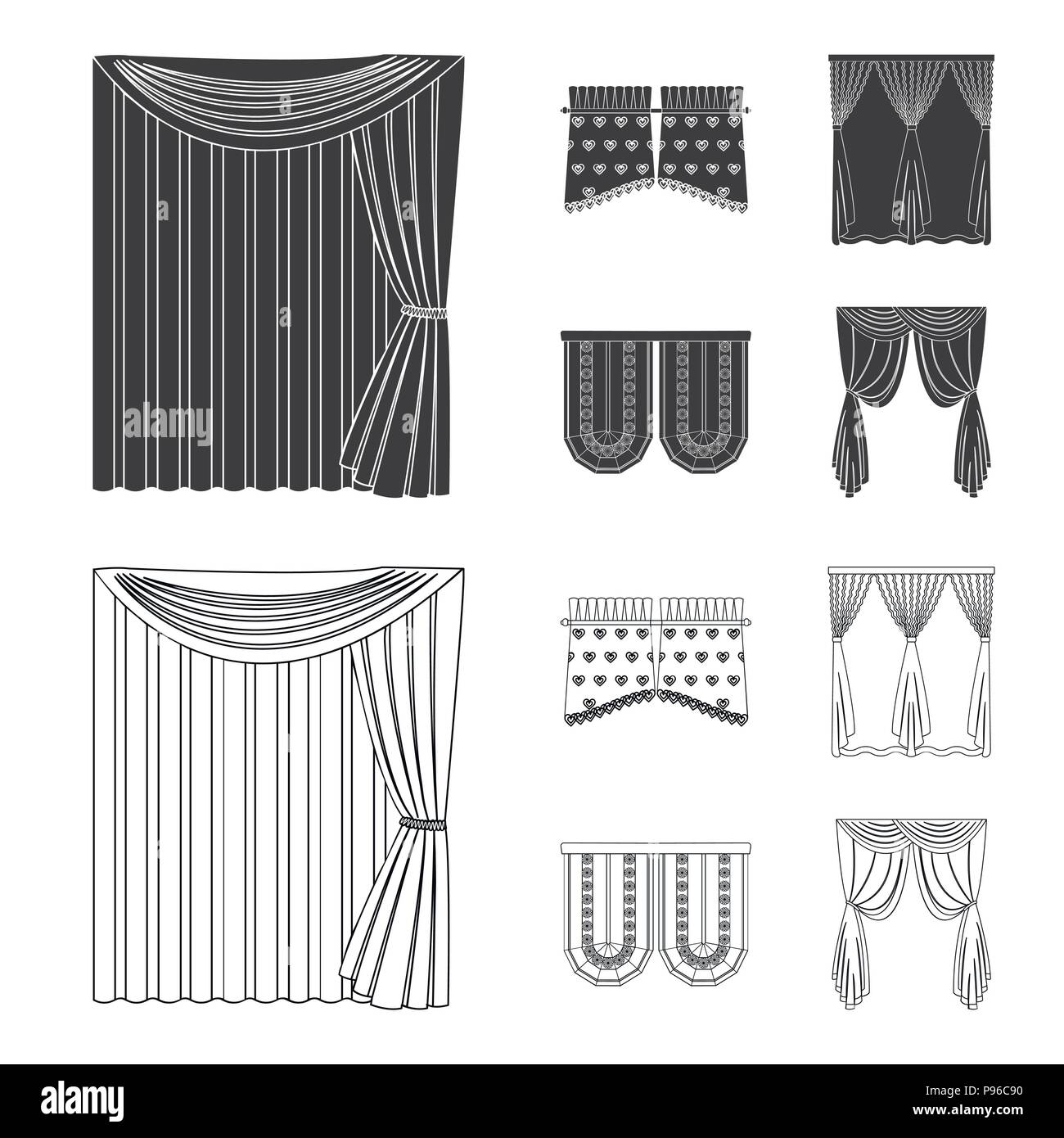 Curtains, stick, cornices, and other  icon in black,outline style.Bow, fabric, tulle icons in set collection Stock Vector