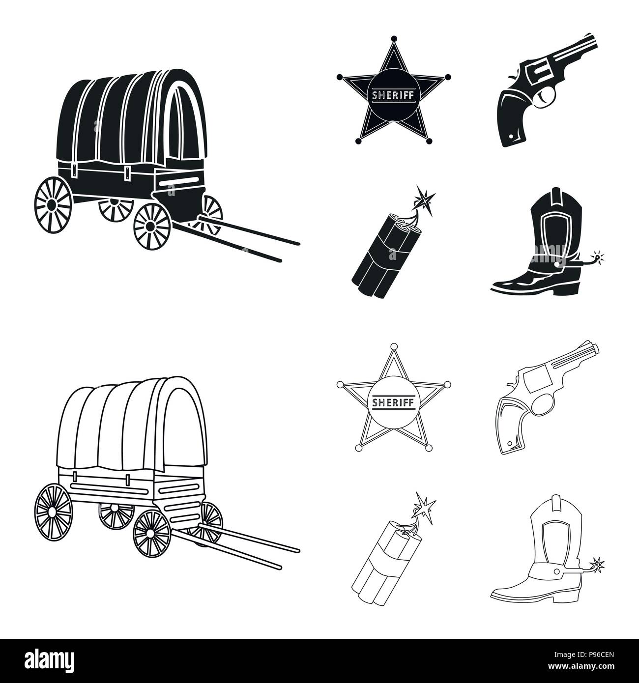 Star sheriff, Colt, dynamite, cowboy boot. Wild West set collection icons  in cartoon,outline,flat style vector symbol stock illustration web. Stock  Vector