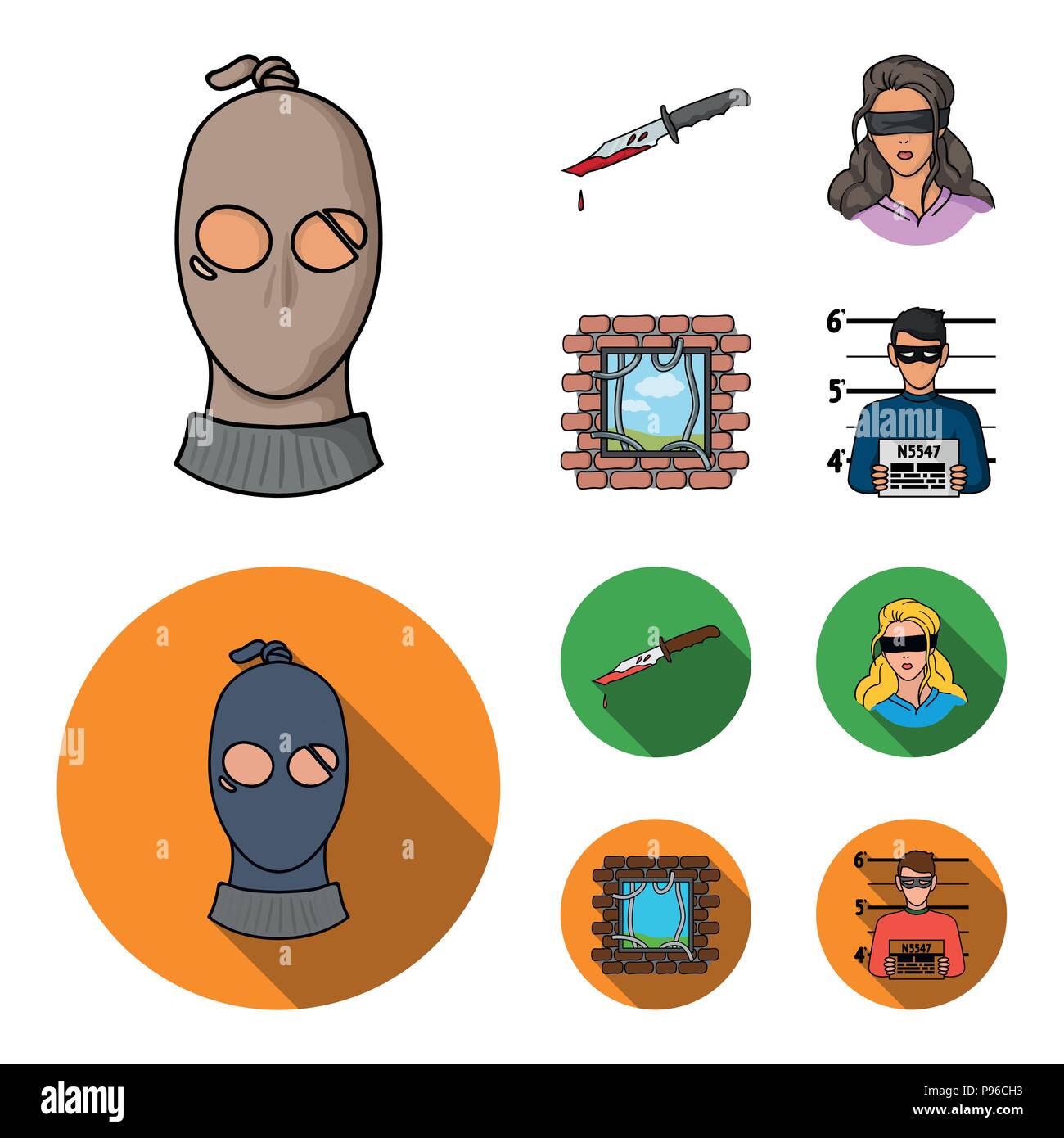 A thief in a mask, a bloody knife, a hostage, an escape from prison.Crime set collection icons in cartoon,flat style vector symbol stock illustration  Stock Vector