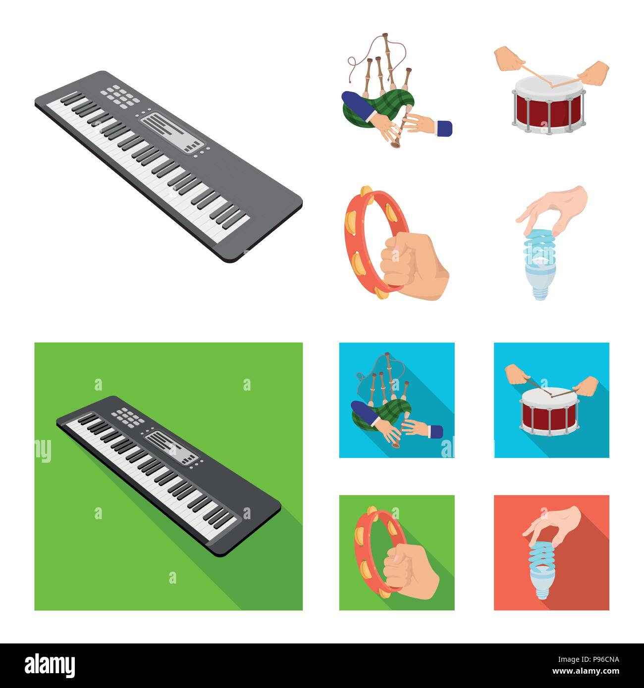 Synthesizer melodies, bagpipes Scotch and other  icon in cartoon,flat style. drum, drum roll, tambourine in hand icons in set collection. Stock Vector