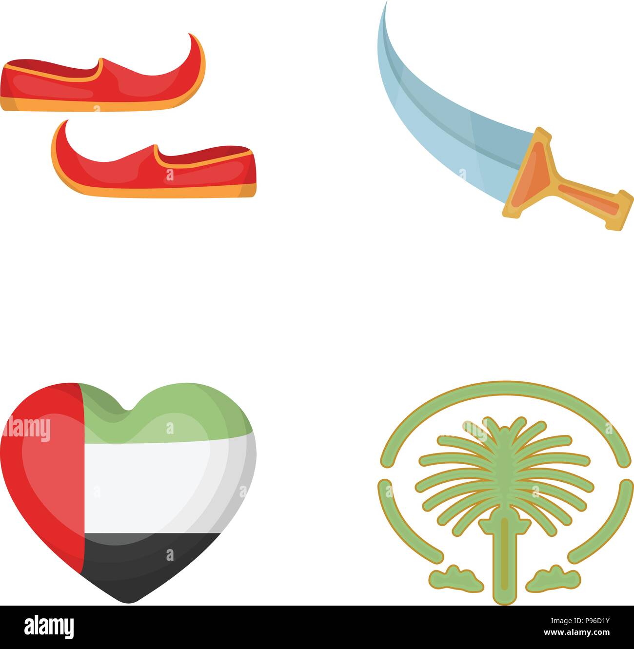 Eastern shoes, dagger, the heart of the emirates,Palm Jumeirah.Arab emirates set collection icons in cartoon style vector symbol stock illustration . Stock Vector