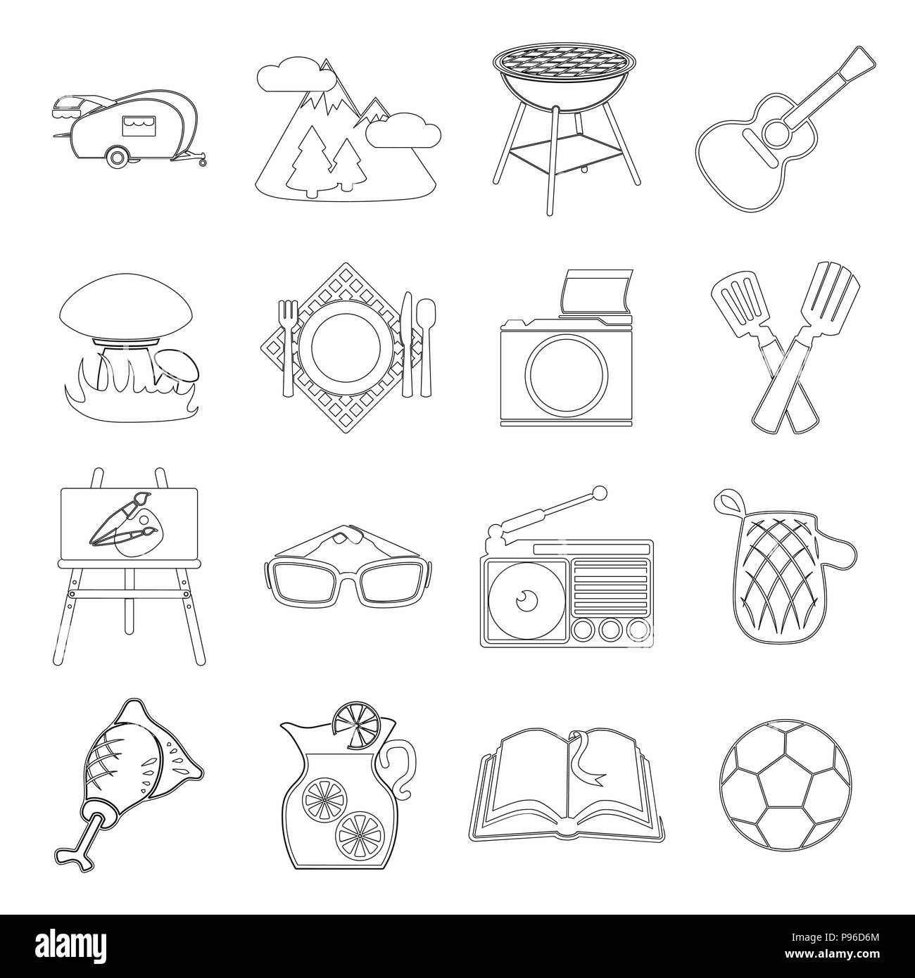 Picnic and equipment outline icons in set collection for design. Picnic ...