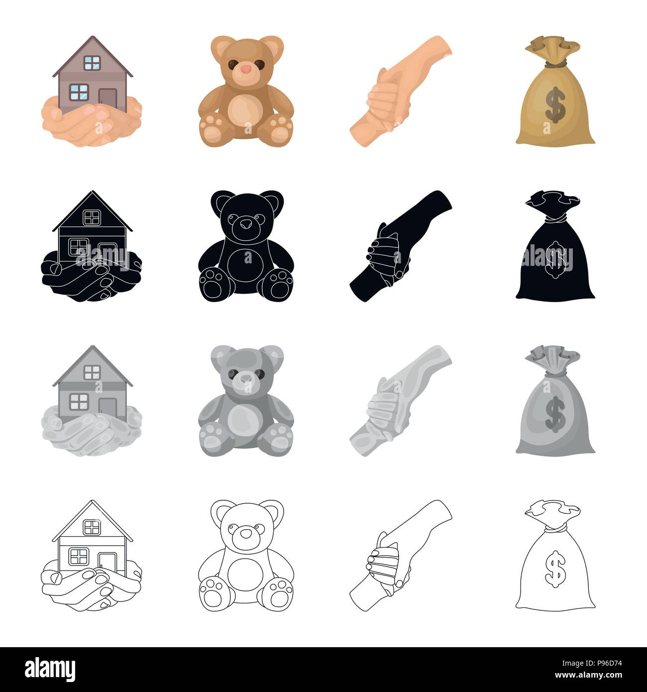 A house in the palms, a toy of a bear, a charity handshake, a bag of money. Charity and donation set collection icons in cartoon black monochrome outl Stock Vector