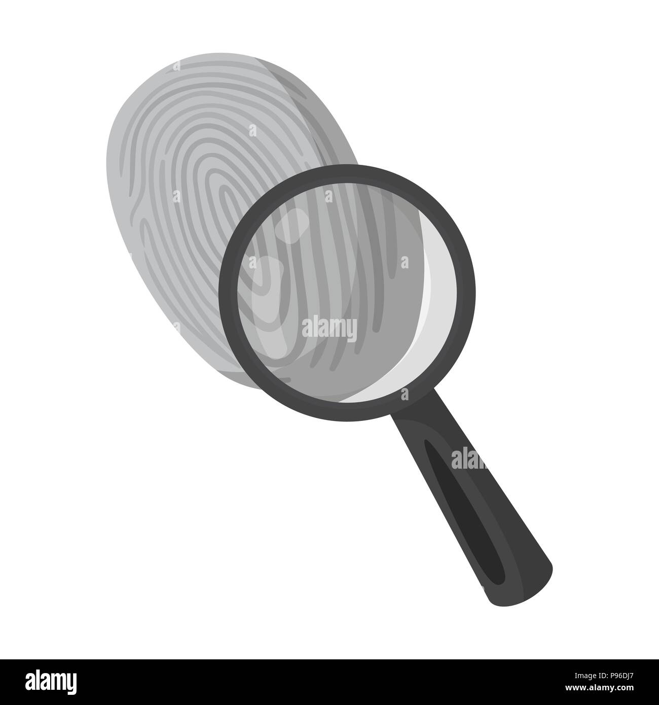 Investigation by fingerprint magnifier, crime. Loupe is a detective tool, single icon in monochrome style vector symbol stock illustration . Stock Vector