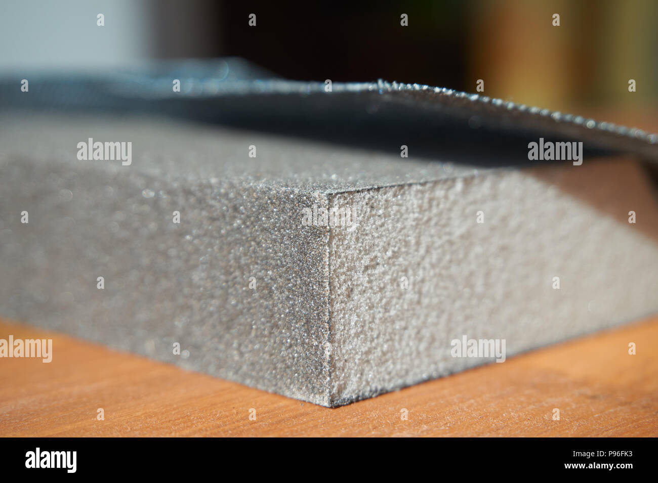 Abrasive equipment sanding sheets and sanding sponge for rubbing the wall or wood. Close-up with copy space Stock Photo