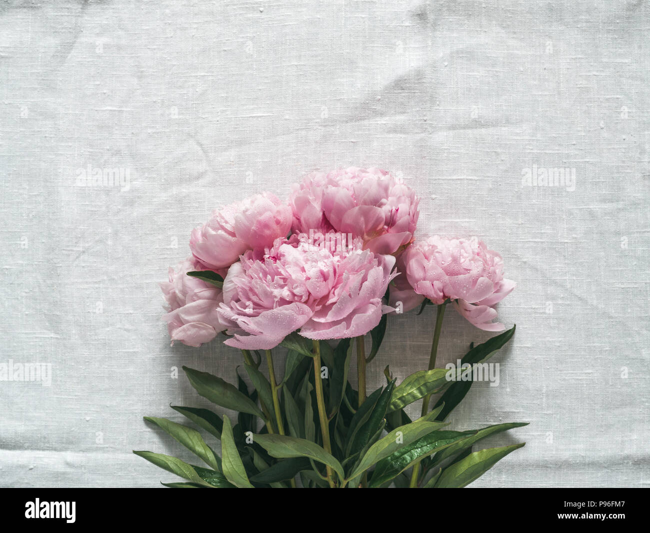 peony bouquet on white tablecloth Stock Photo