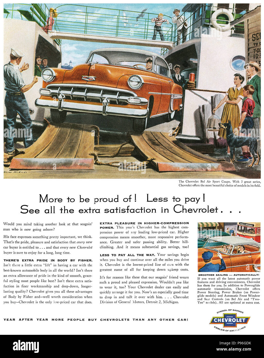 1954 U.S. advertisement for the Chevrolet Bel Air Sport Coupe. Stock Photo