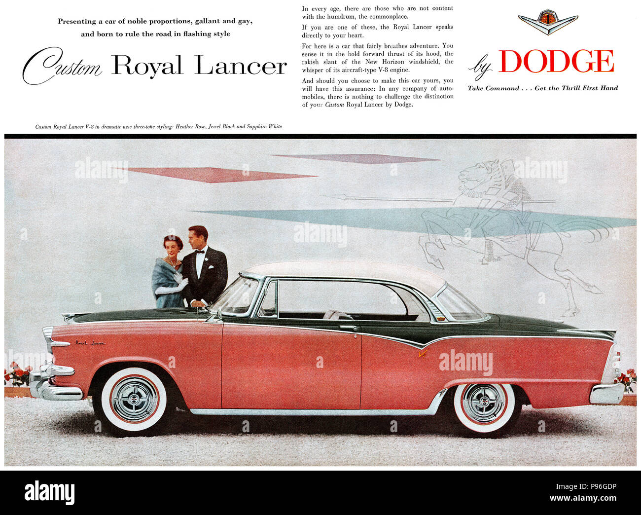 1954 U.S. advertisement for the Dodge Custom Royal Lancer V-8 automobile. Stock Photo