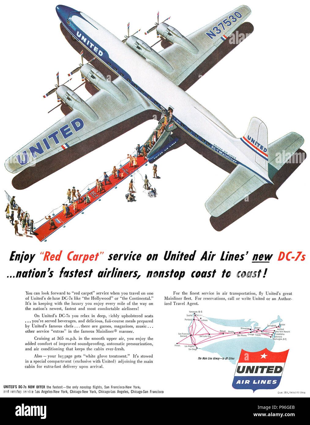 1954 U.S. advertisement for United Air Lines featuring the Douglas DC-7. Stock Photo