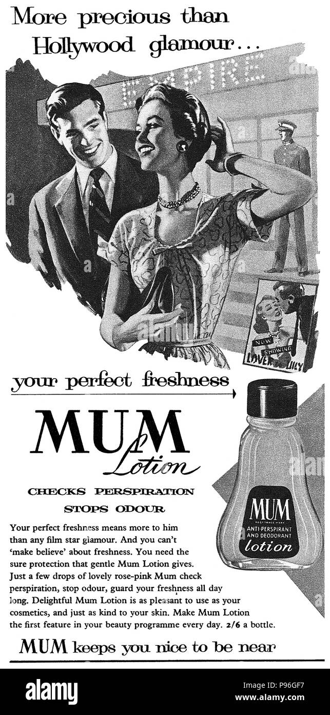 1956 British advertisement for Mum anti perspirant and deodorant lotion  Stock Photo - Alamy