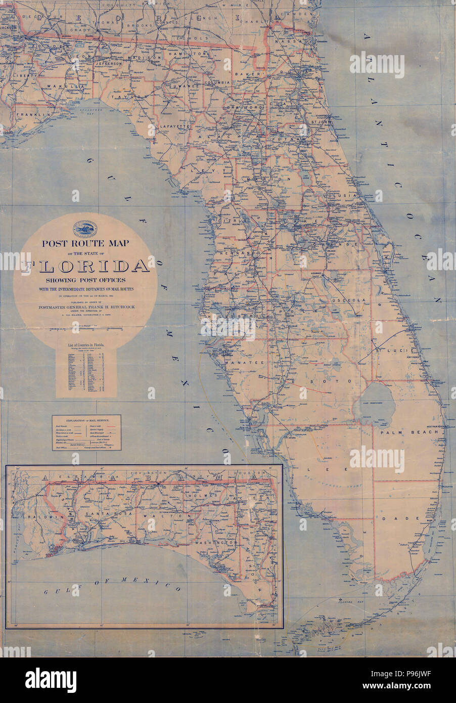 Post Route Map of the State of Florida Showing Post Offices March 1911