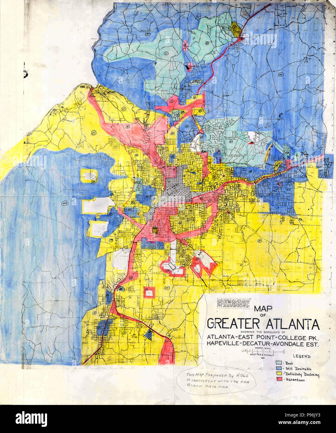 Redline Map for Greater Atlanta, Georgia 1930s Stock Photo