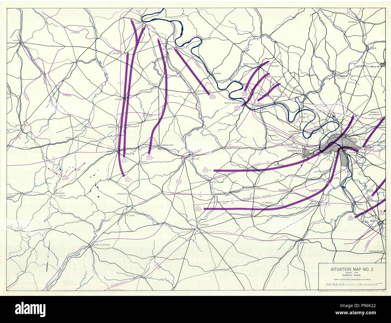 France World War II Map - Situation Map No. 2 August 1944 Eveux - Paris Stock Photo