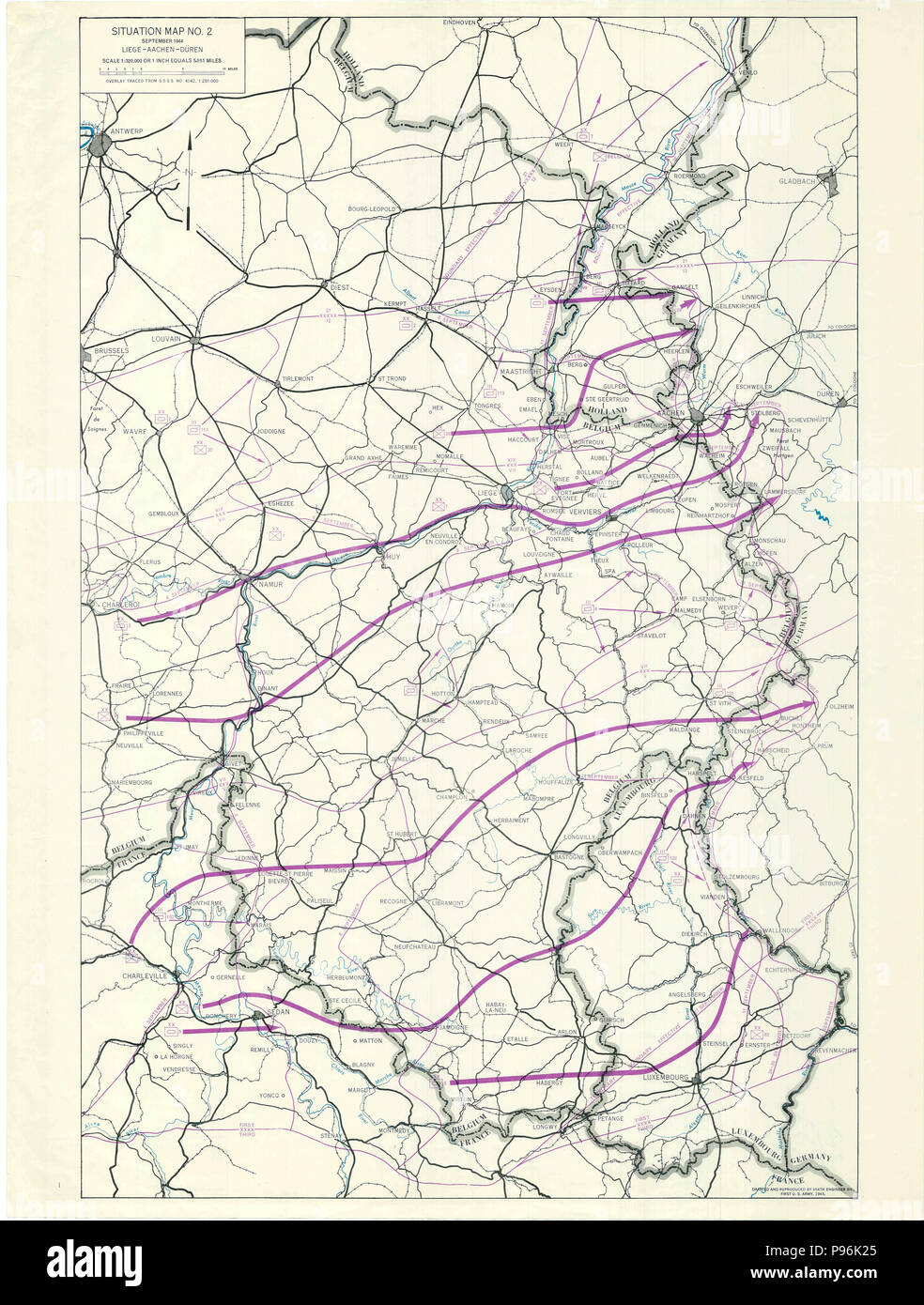 France World War II Map - Situation Map No. 2 September 1944 - Liege - Aachen - Duren Stock Photo