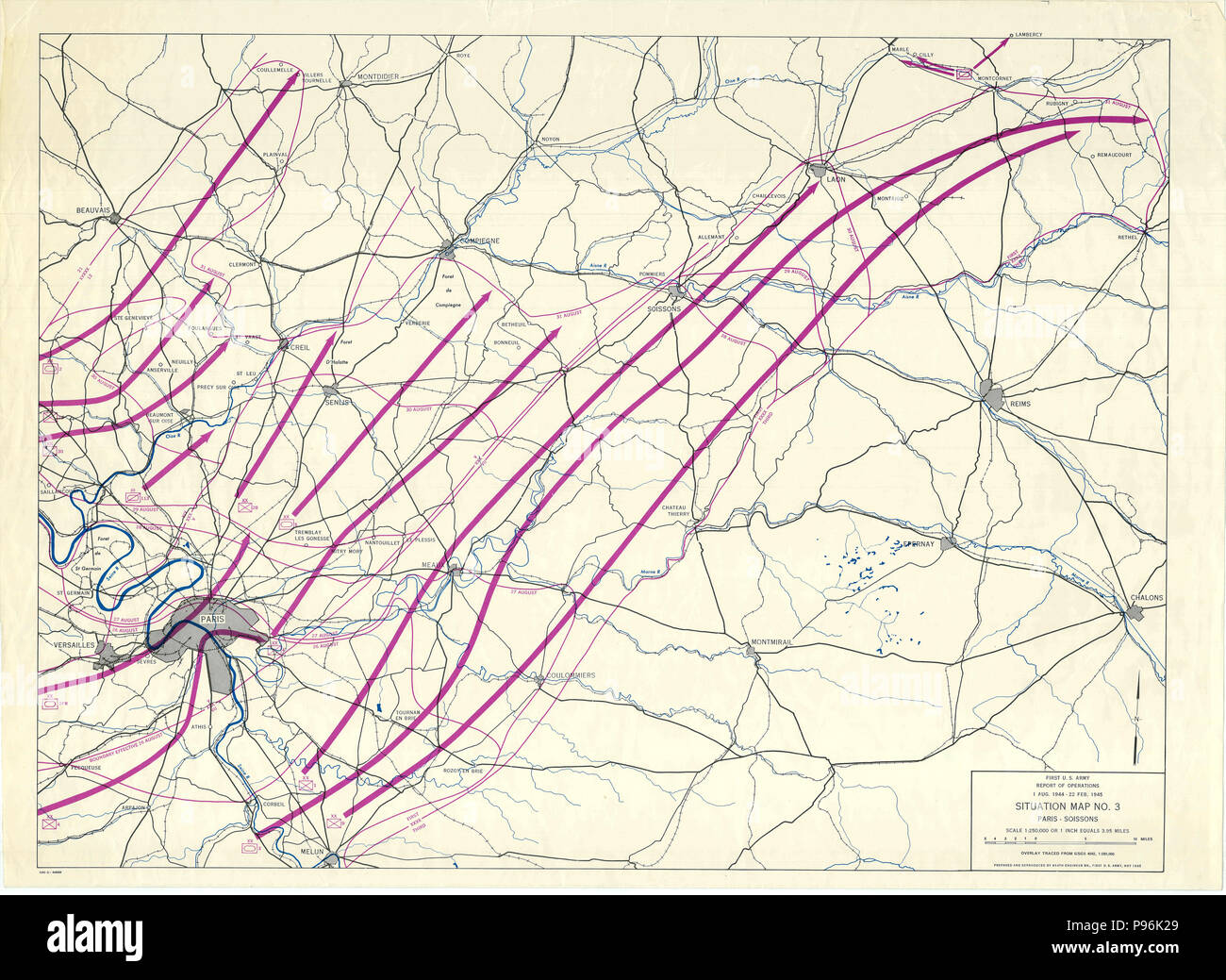 France World War Two Map - Situation Map No. 3 Paris - Soissons   First U.S. Army Operations Report - August 1, 1944 - February 22, 1945 Stock Photo