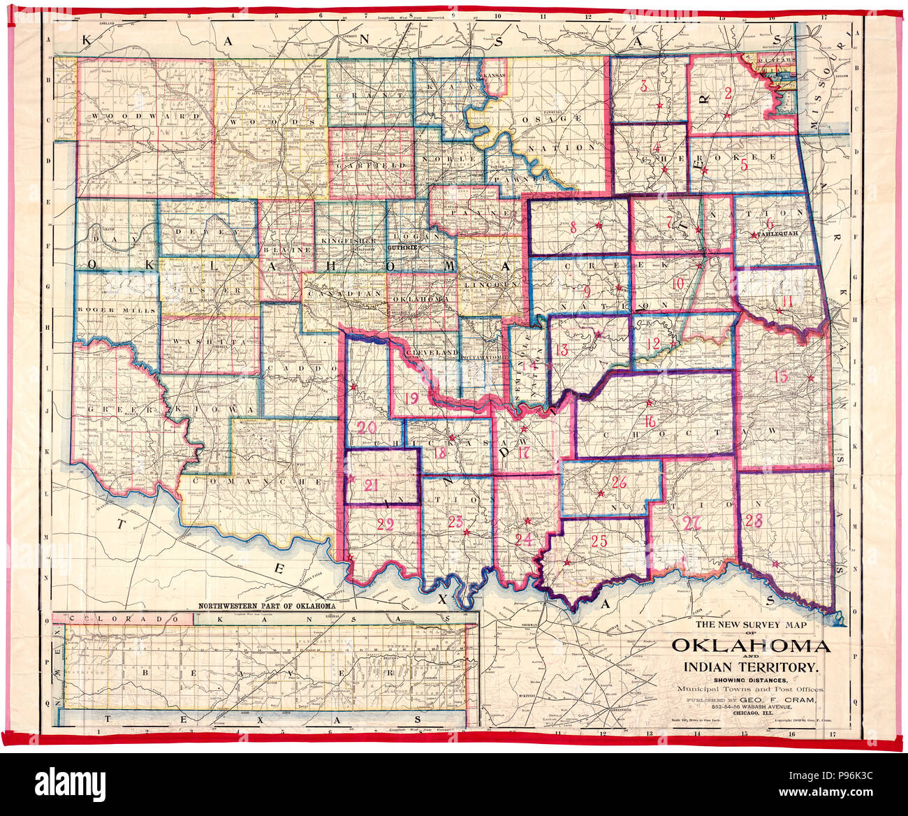 Survey Map of the Oklahoma and Indian Territory showing Distances, Municipal Towns and Post Offices, published by George Cram -1902 Stock Photo