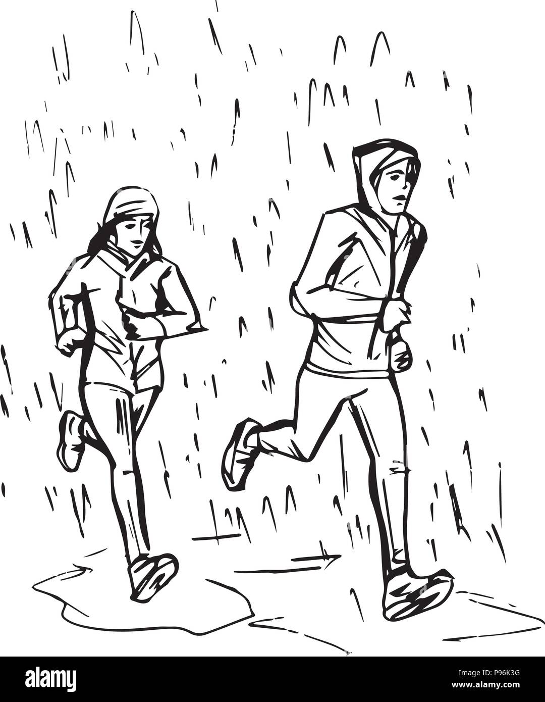 Sketch of Runners in Rain vector illustration Stock Vector