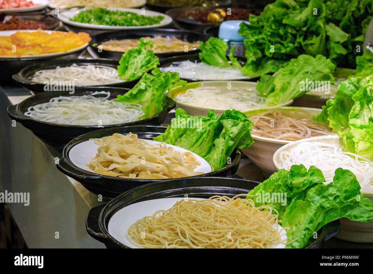 A variety of types of cooking Chinese noodles on the market. Popular