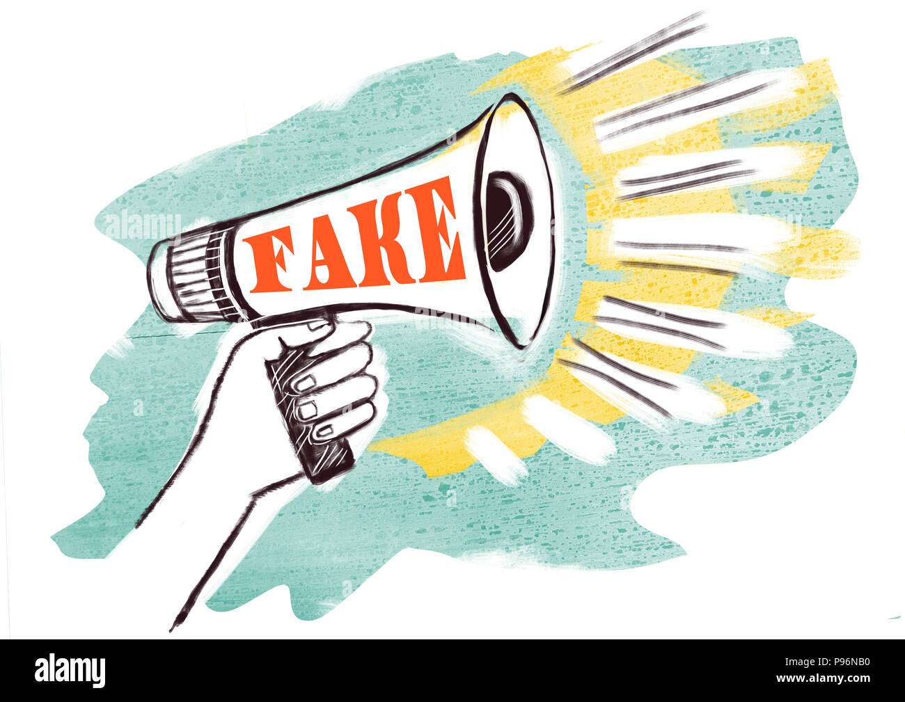 Somebody's hand holding megaphone for fakes. Announcement. Fake news ...