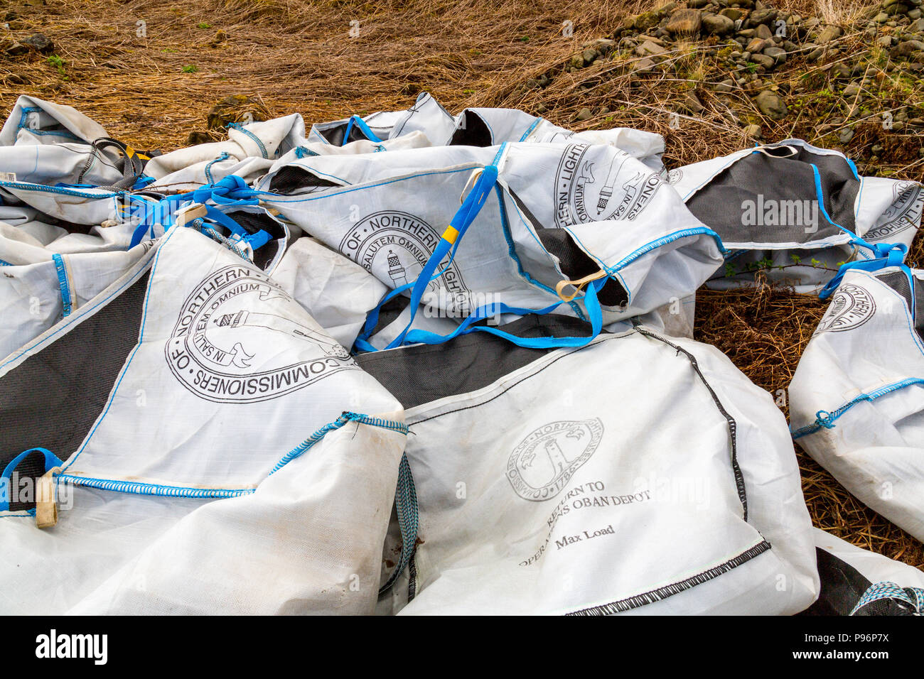 Northern Lighthouse Board construction materials bags dumped at Rubha nan Gall lighthouse nr Tobermory, Isle of Mull, Argyll and Bute, Scotland, UK Stock Photo