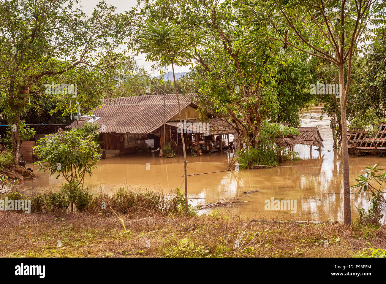 Trang, Thailand - December 4, 2017: Flooded roads and villages in South Thailand travelling in Trang province of Thailand. Stock Photo