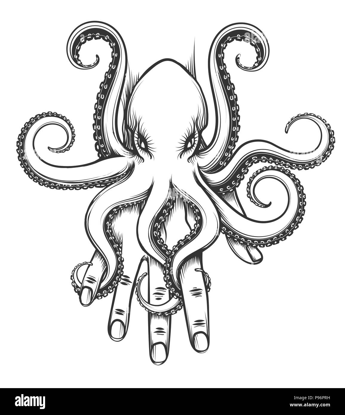 Octopus baby sitting on human hand. Vector illustration in tattoo style. Stock Vector
