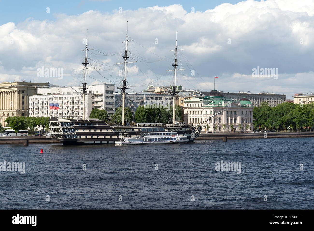 Old frigate, on the waterfront in St. Petersburg, in the summer Sunny day. Stock Photo