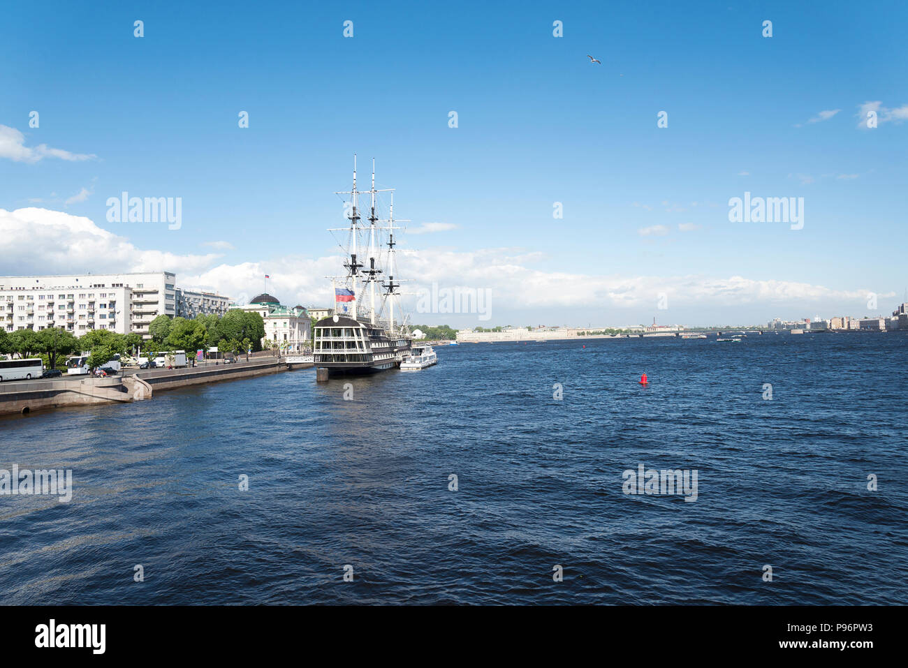 Old frigate, on the waterfront in St. Petersburg, in the summer Sunny day. Stock Photo