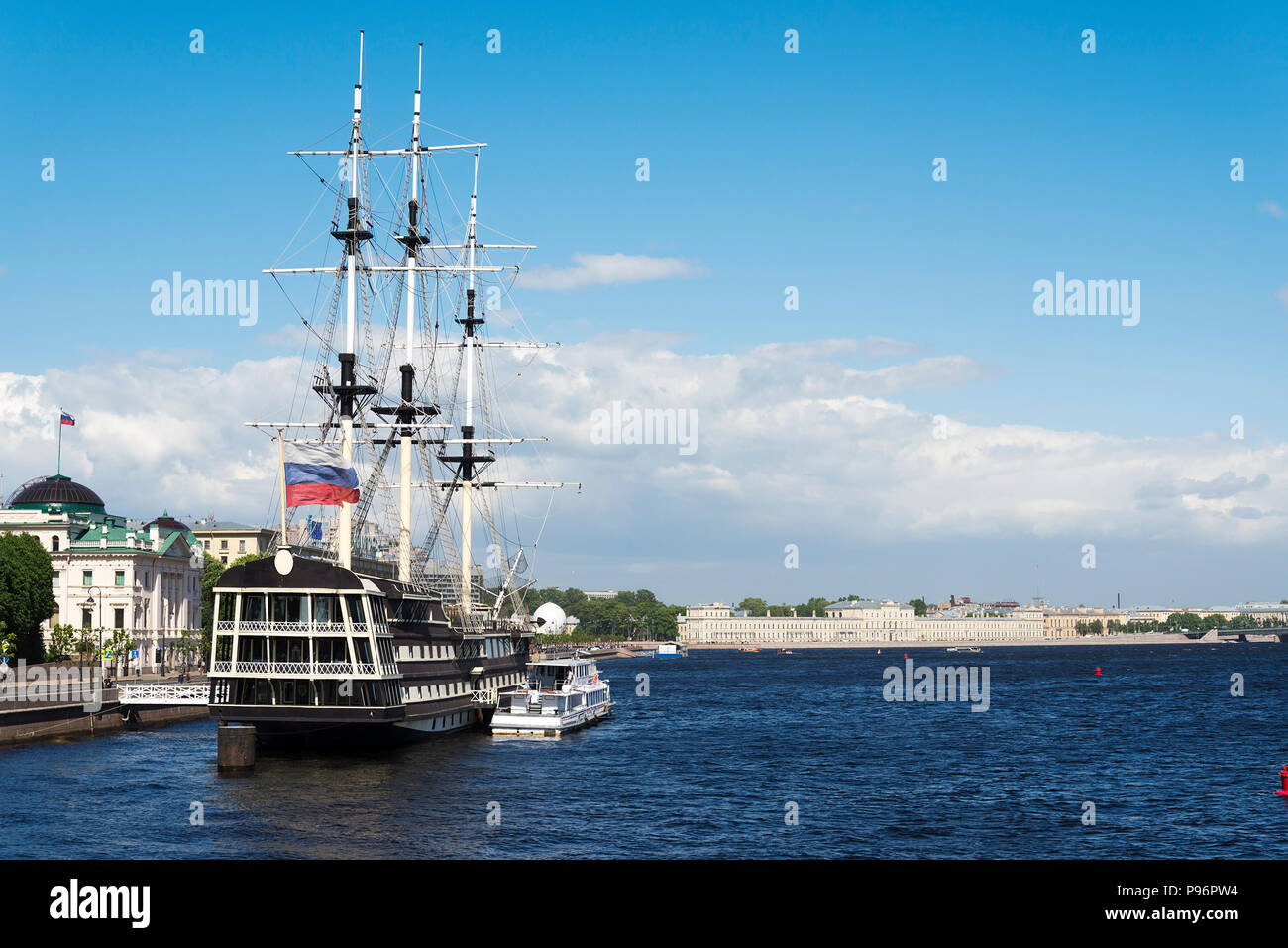 Old frigate, on the waterfront in St. Petersburg, in the summer Sunny day. Stock Photo