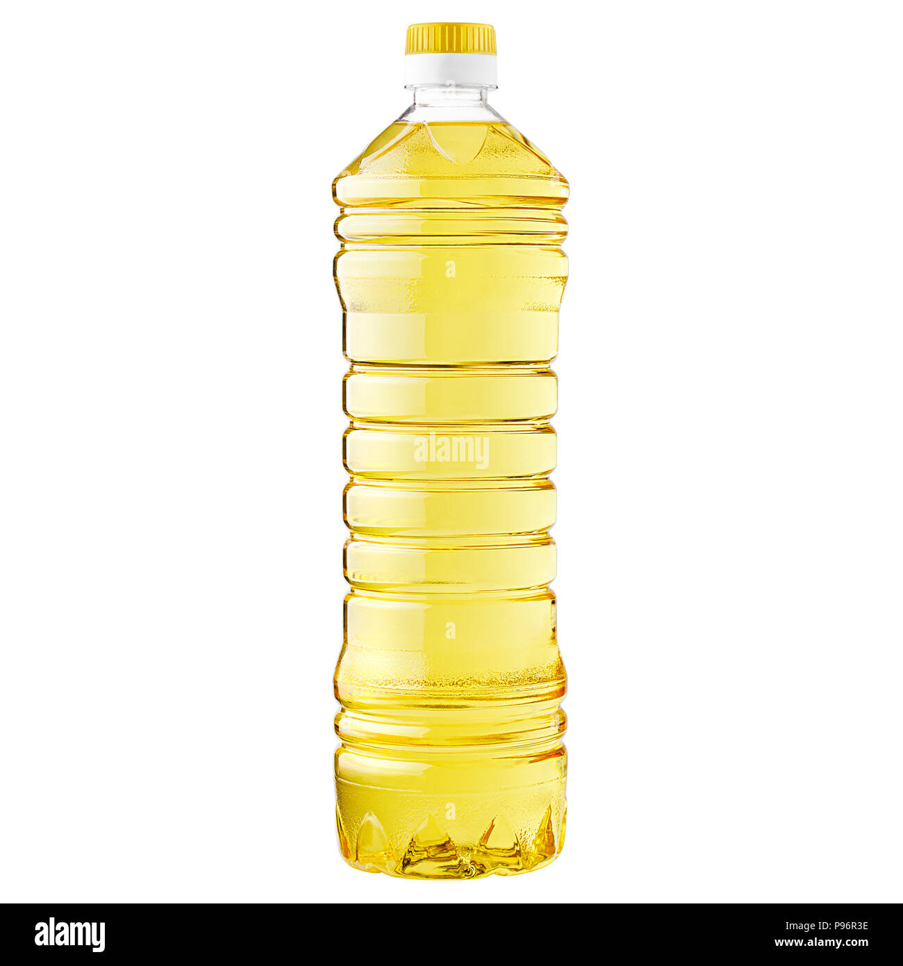 sunflower oil, golden color, in a plastic bottle, on a white background isolated, clipping path Stock Photo