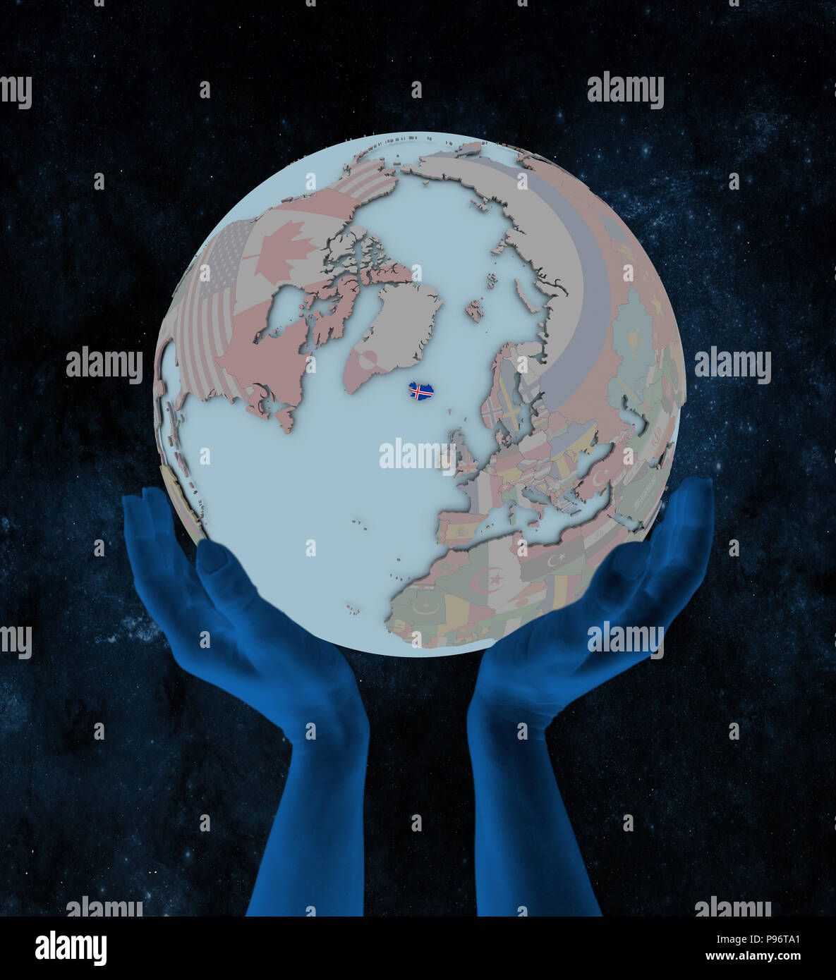Iceland with flag on globe in hands in space. 3D illustration Stock ...