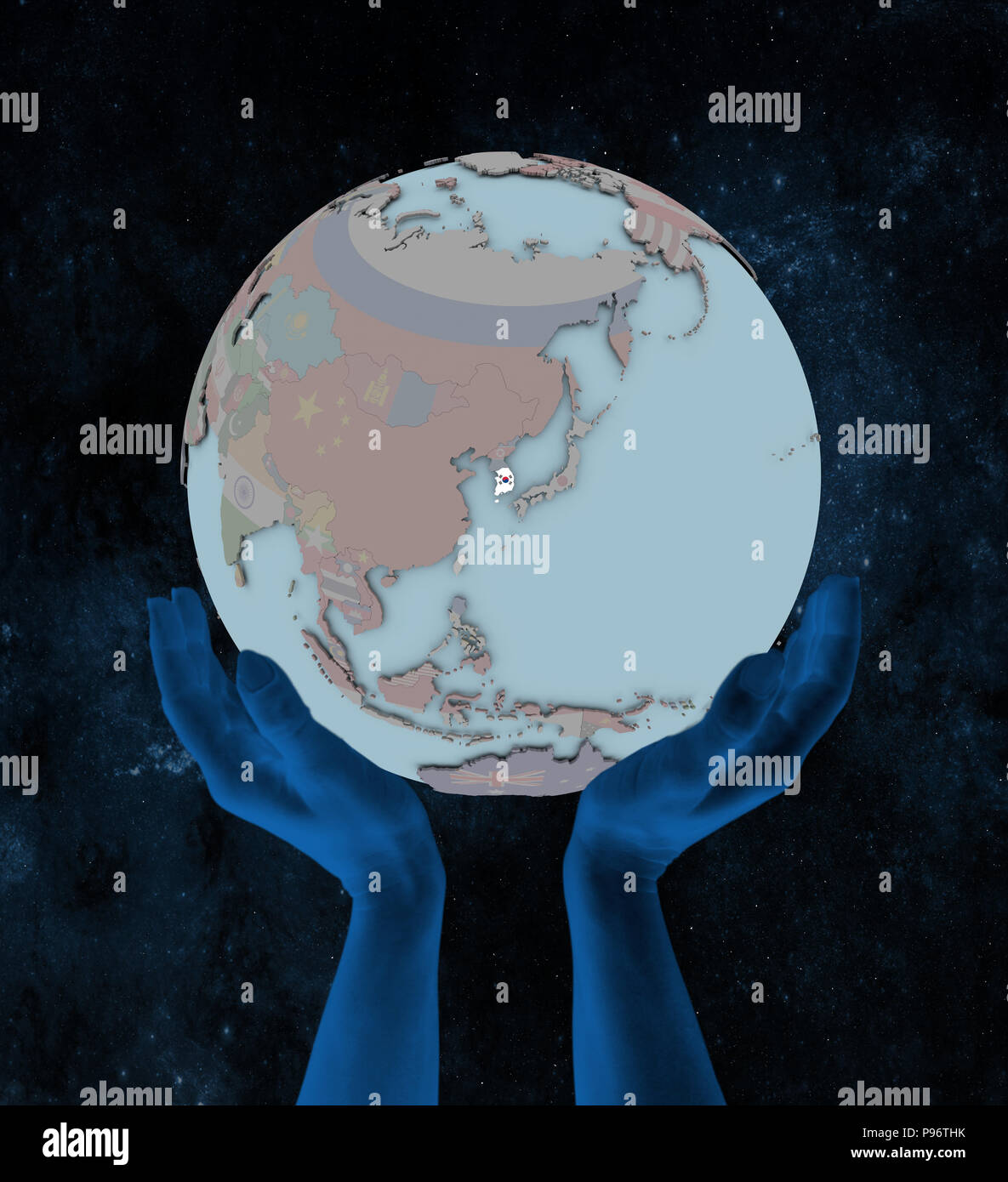 South Korea with flag on globe in hands in space. 3D illustration Stock ...