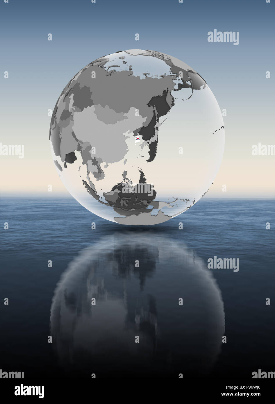 South Korea with flag on translucent globe above water. 3D illustration ...