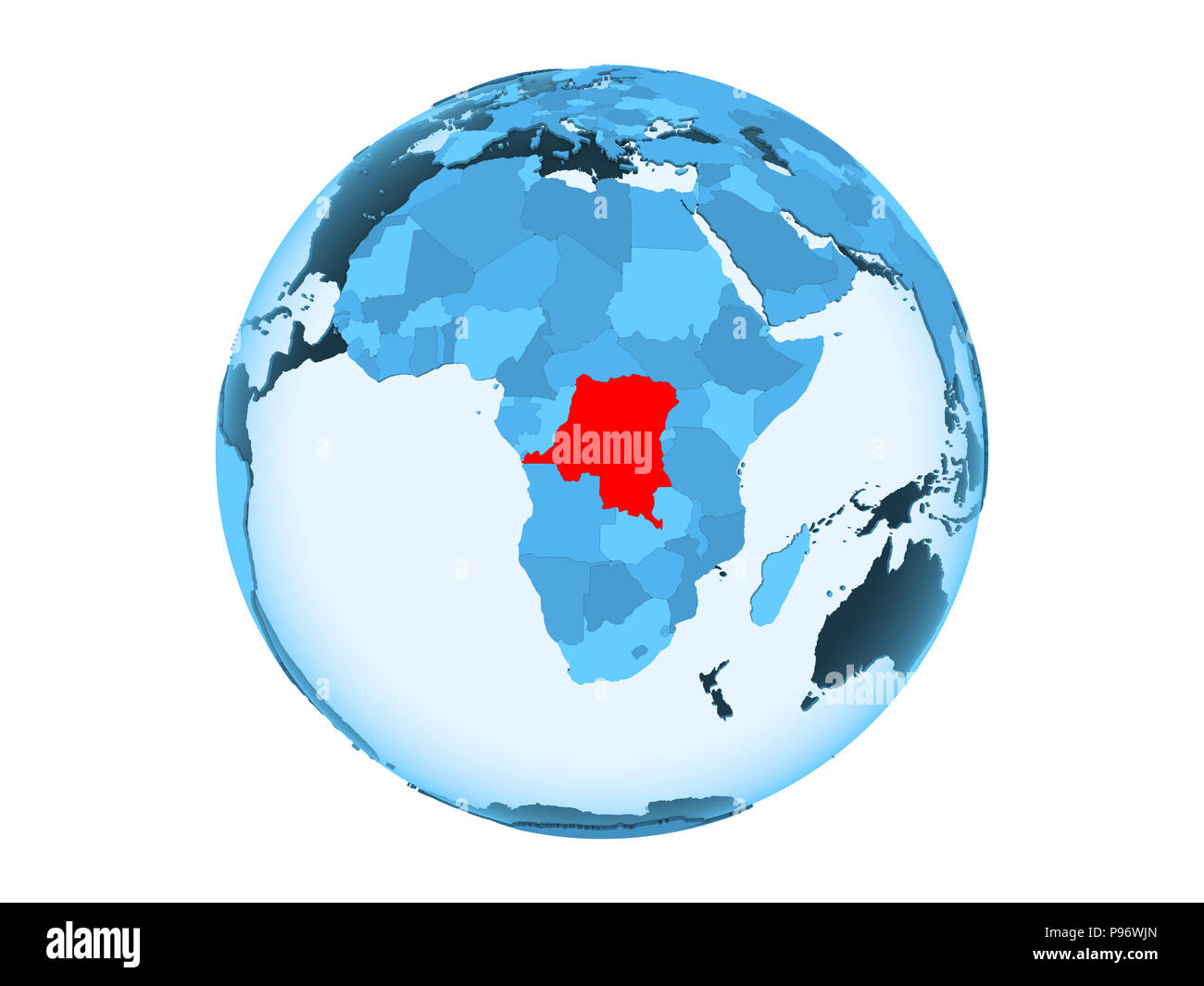 Democratic Republic of Congo highlighted in red on blue political globe ...