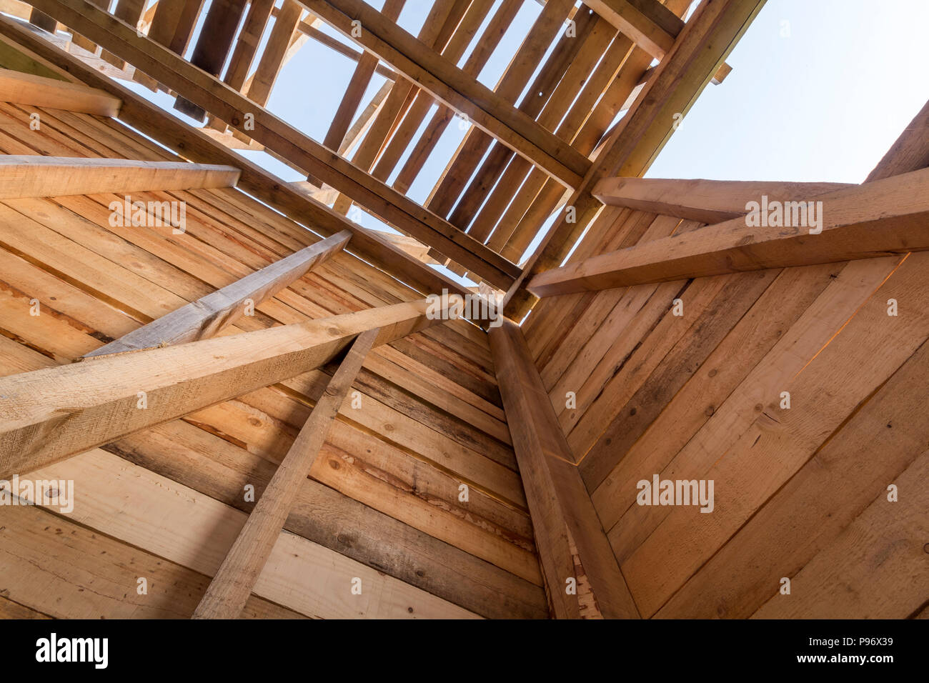 New Wooden House Under Construction Close Up Of Walls And Roof