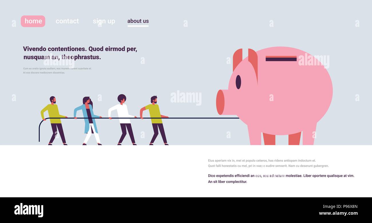 People Team Pulling Rope Piggy Bank Money Growth Concept Cartoon