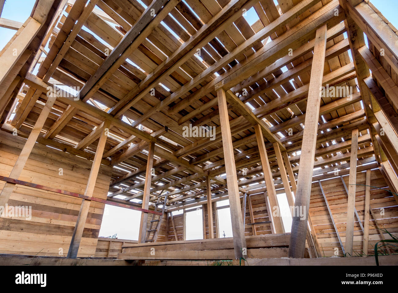 New Wooden House Under Construction Close Up Of Walls And