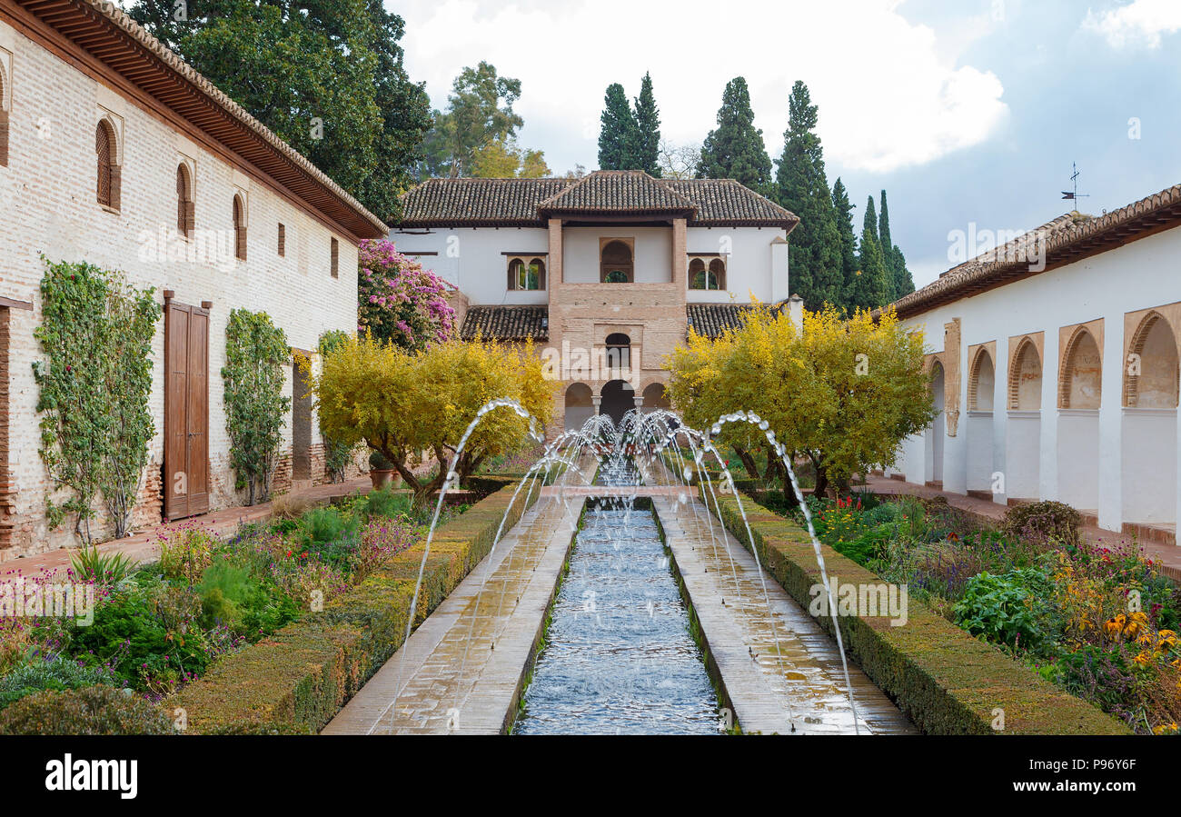 Fountain in Generalife Palace in the Alhambra, Granada, Spain Stock