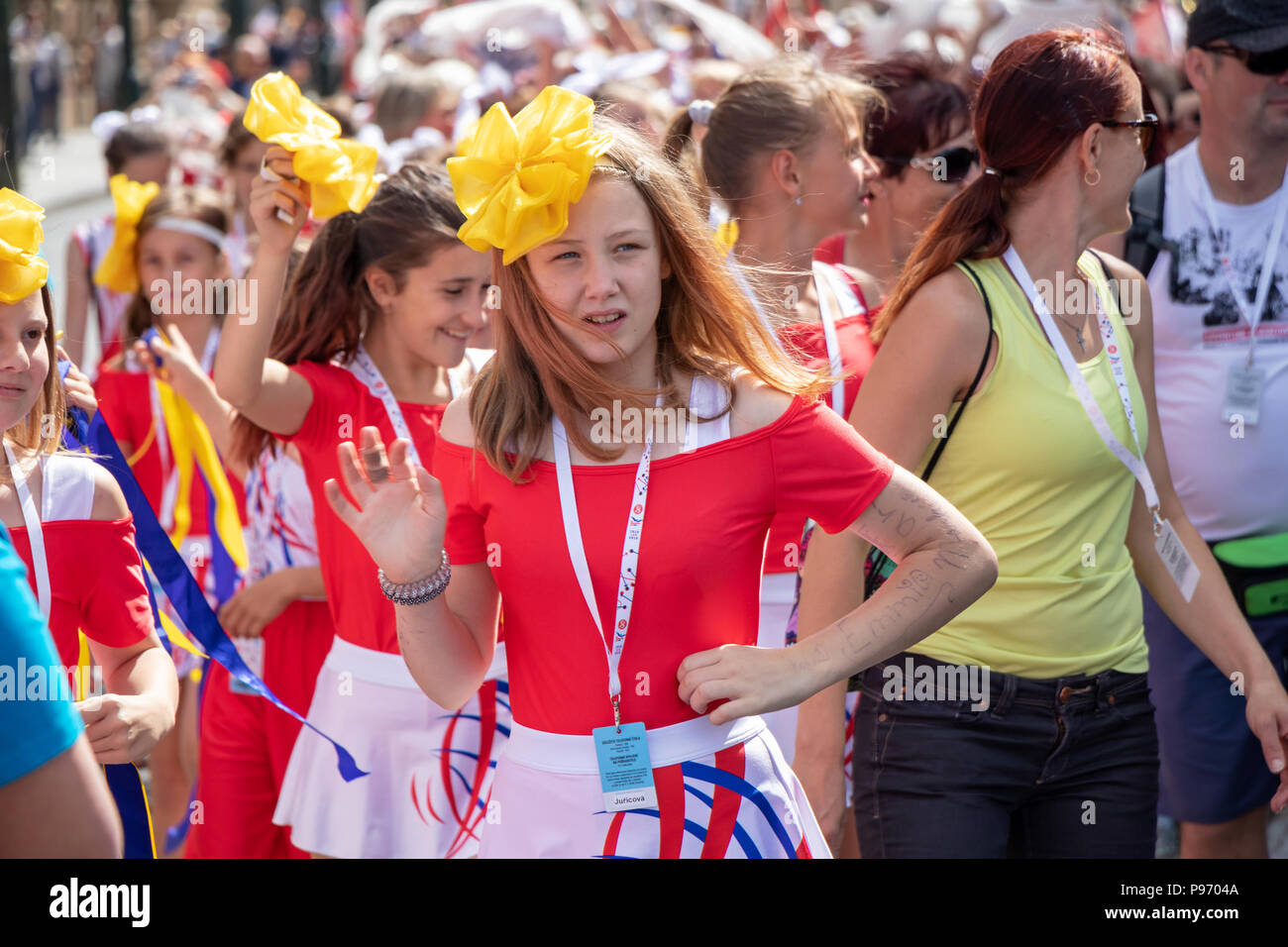 PRAGUE, CZECH REPUBLIC - JULY 1, 2018: People parading at Sokolsky Slet, a once-every-six-years gathering of the Sokol movement - a Czech sports assoc Stock Photo