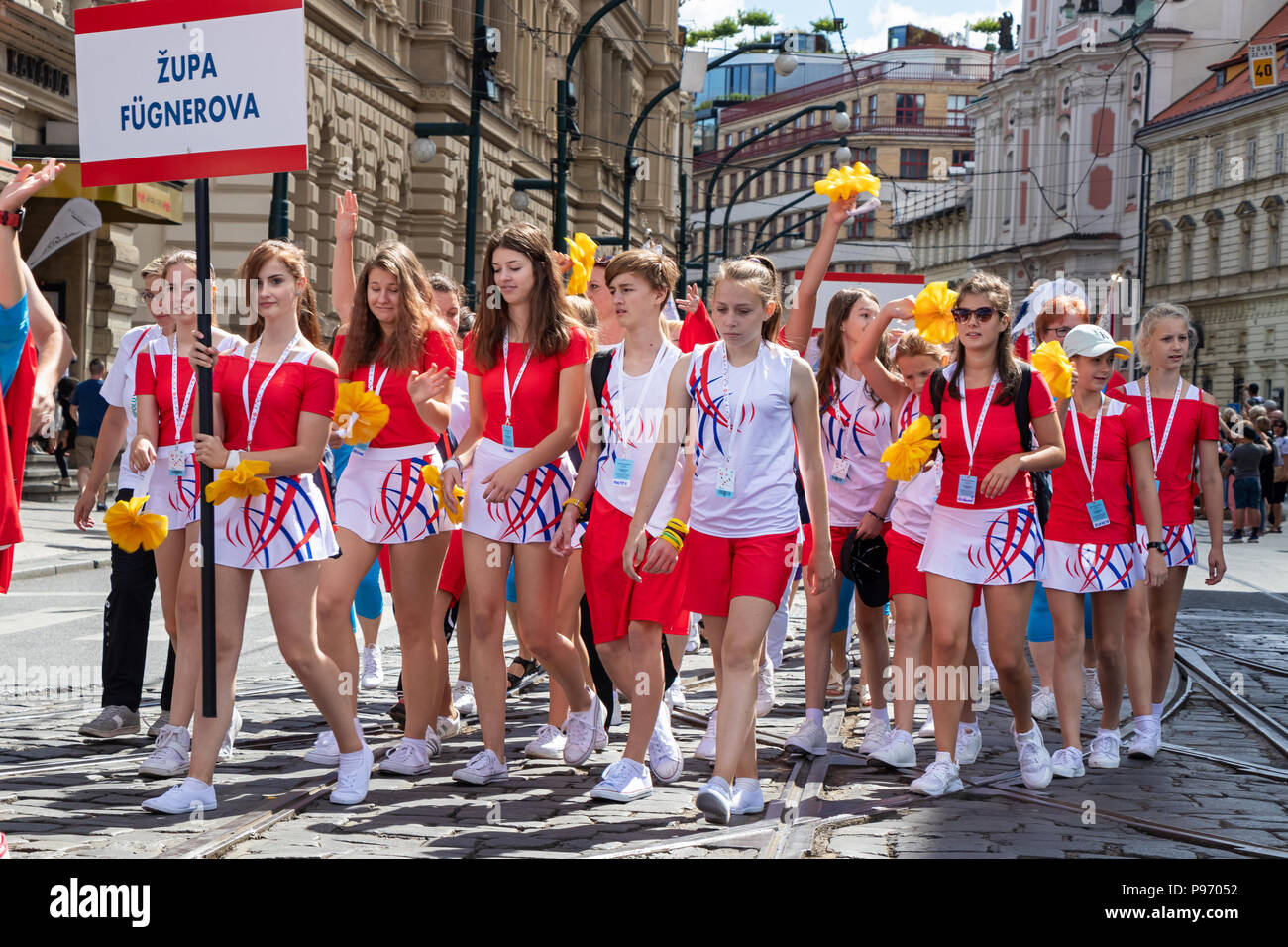 PRAGUE, CZECH REPUBLIC - JULY 1, 2018: Teenagers parading at Sokolsky Slet, a once-every-six-years gathering of the Sokol movement - a Czech sports as Stock Photo