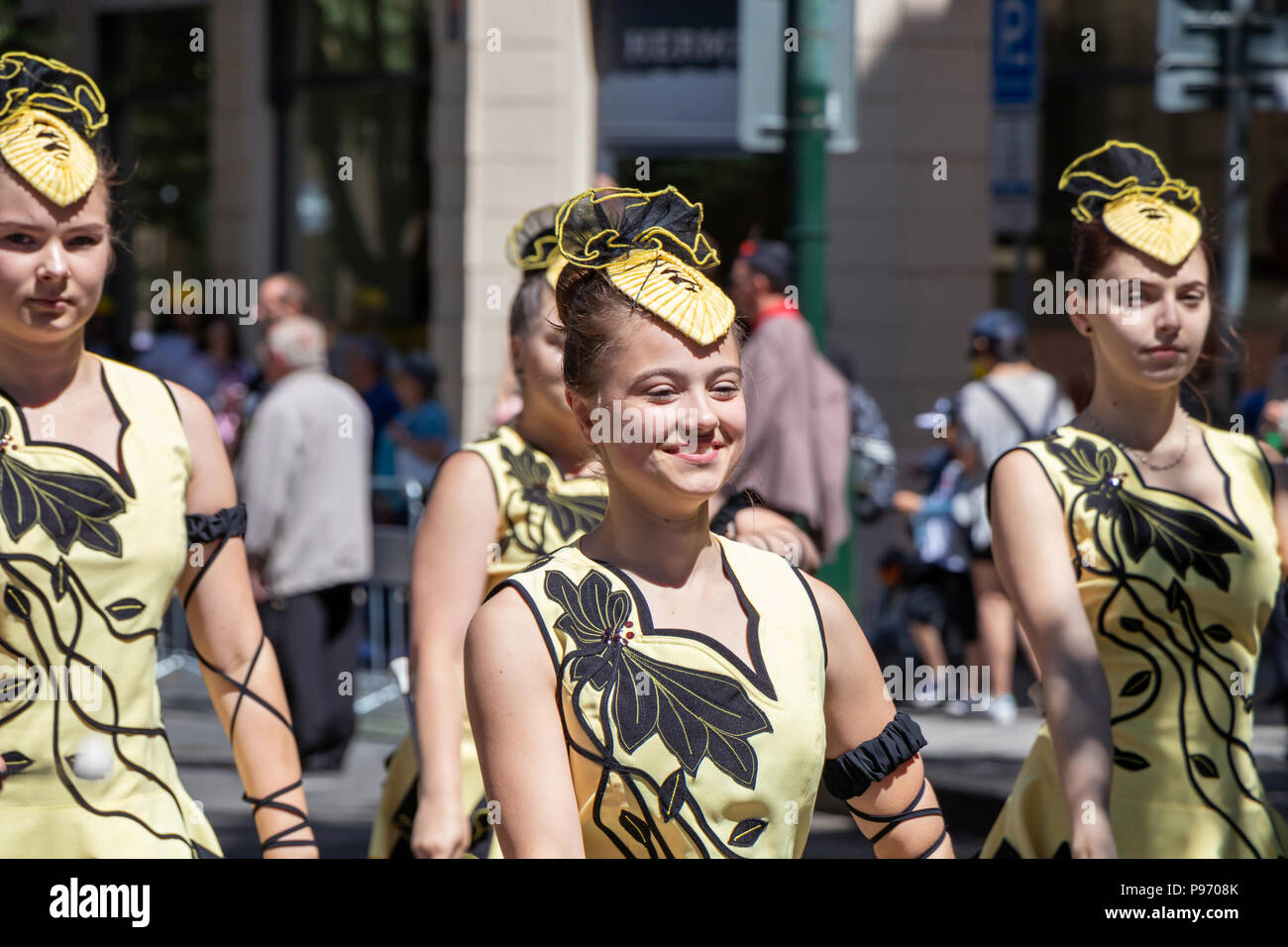 PRAGUE, CZECH REPUBLIC - JULY 1, 2018: Majorettes parading at Sokolsky Slet, a once-every-six-years gathering of the Sokol movement - a Czech sports a Stock Photo