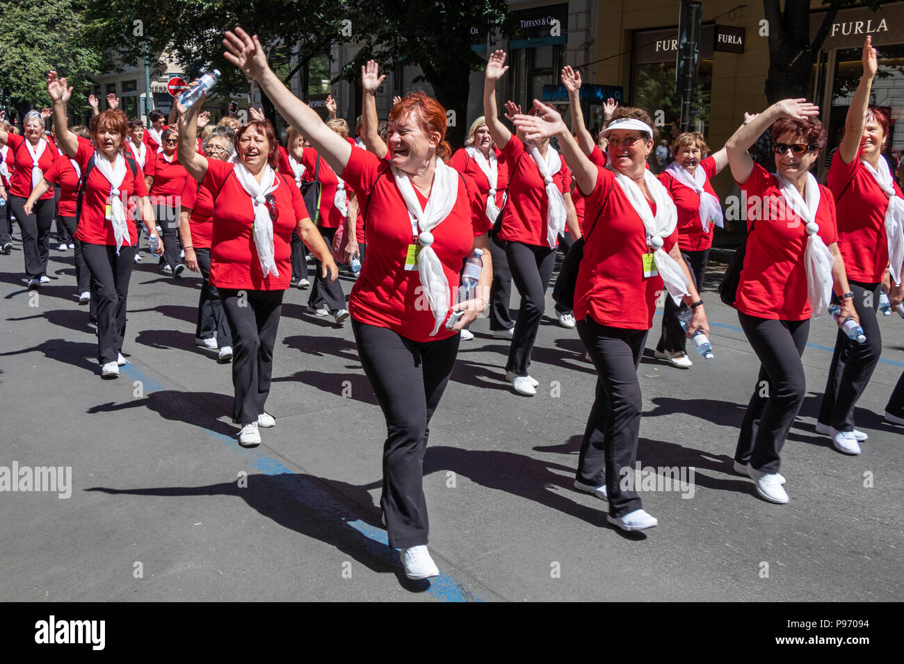 PRAGUE, CZECH REPUBLIC - JULY 1, 2018: Women parading at Sokolsky Slet, a once-every-six-years gathering of the Sokol movement - a Czech sports associ Stock Photo